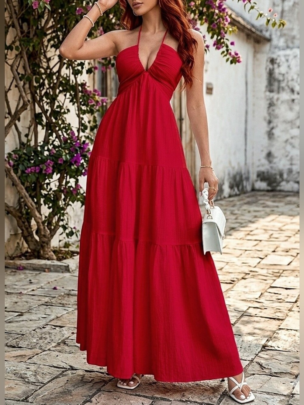 New Boho Halter Tie Back Tiered Maxi Dress Red
